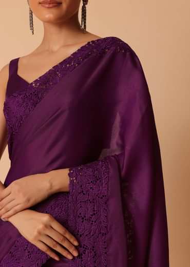 Wine Tussar Saree With Lace Border And Unstitched Blouse Piece