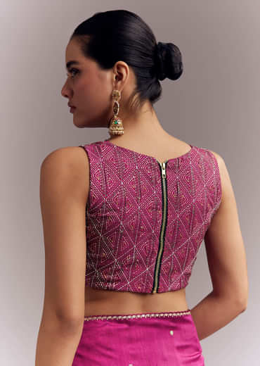 Wine Organza Silk Saree With Floral Thread Embroidery And Cutwork