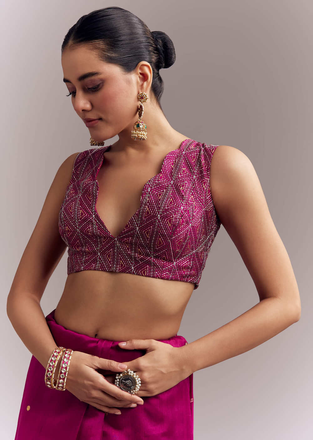 Wine Organza Silk Saree With Floral Thread Embroidery And Cutwork