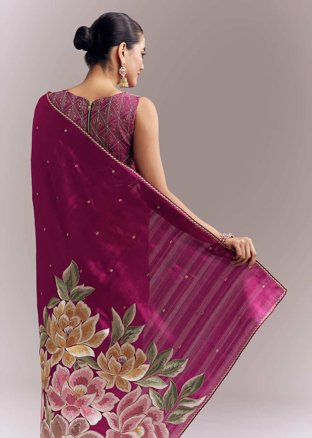 Wine Organza Silk Saree With Floral Thread Embroidery And Cutwork