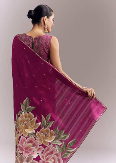 Wine Organza Silk Saree With Floral Thread Embroidery And Cutwork