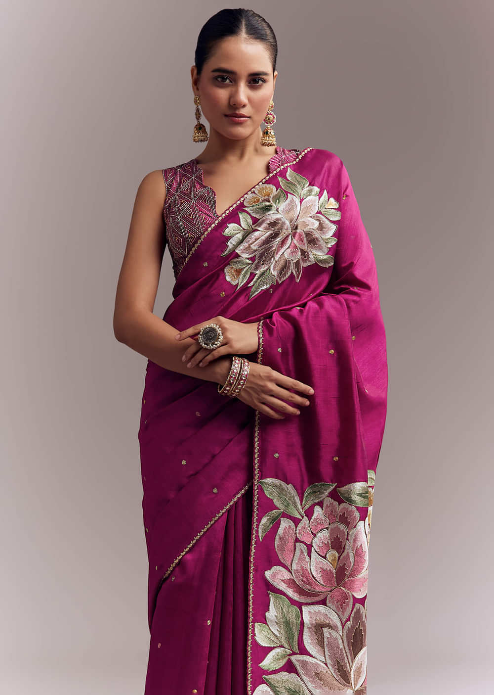 Wine Organza Silk Saree With Floral Thread Embroidery And Cutwork