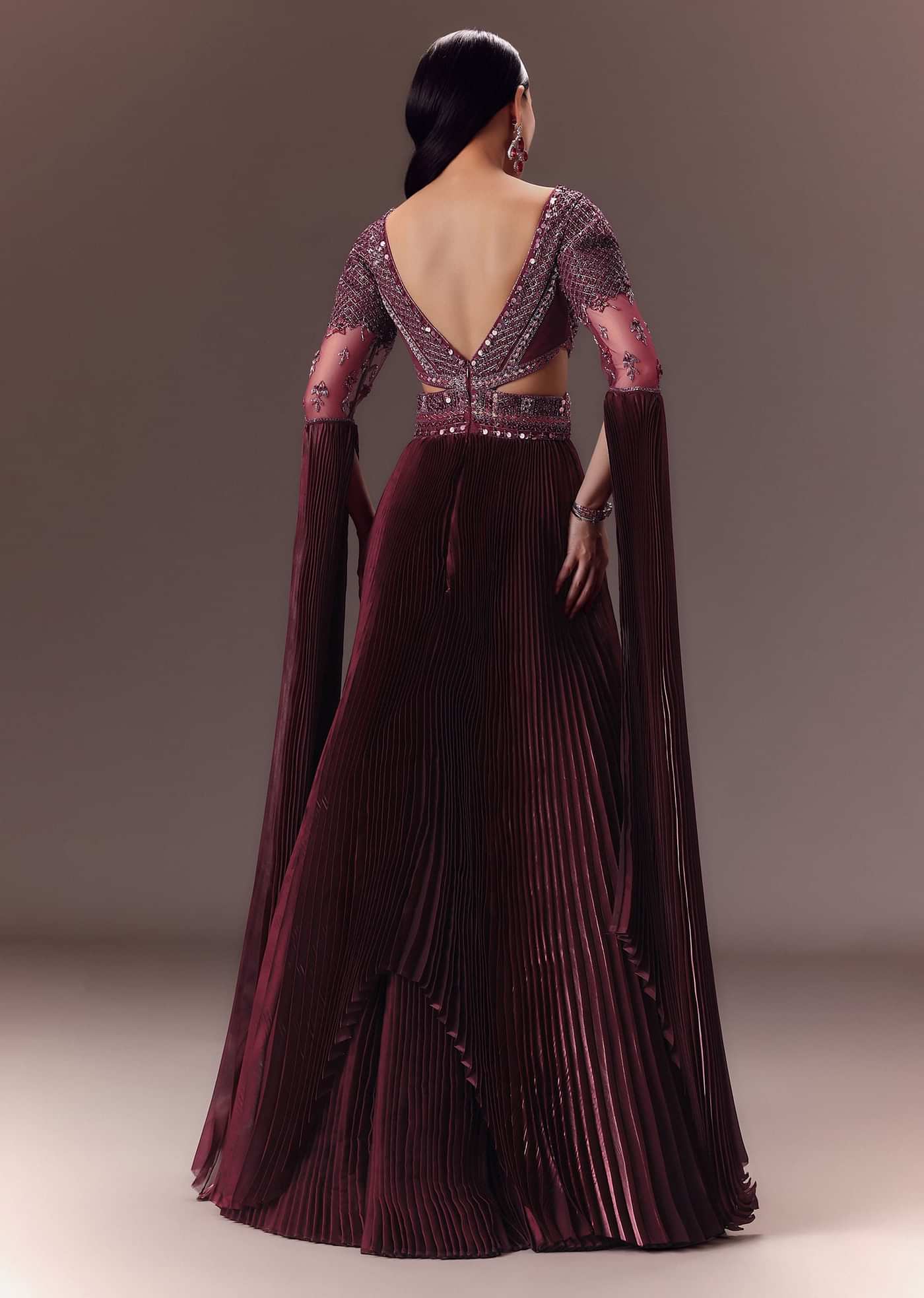 Wine Organze Flared Gown With 3D Draped Wings