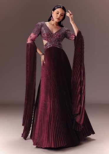 Wine Organze Flared Gown With 3D Draped Wings