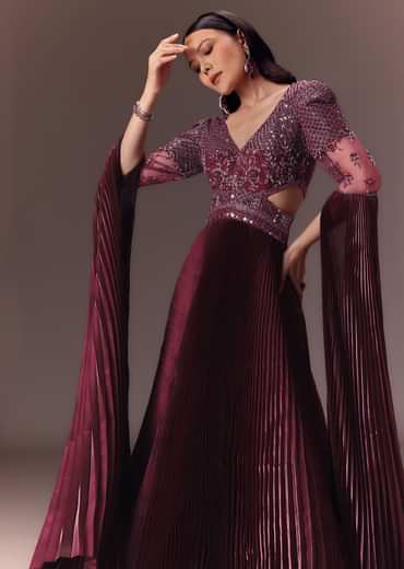 Wine Organze Flared Gown With 3D Draped Wings
