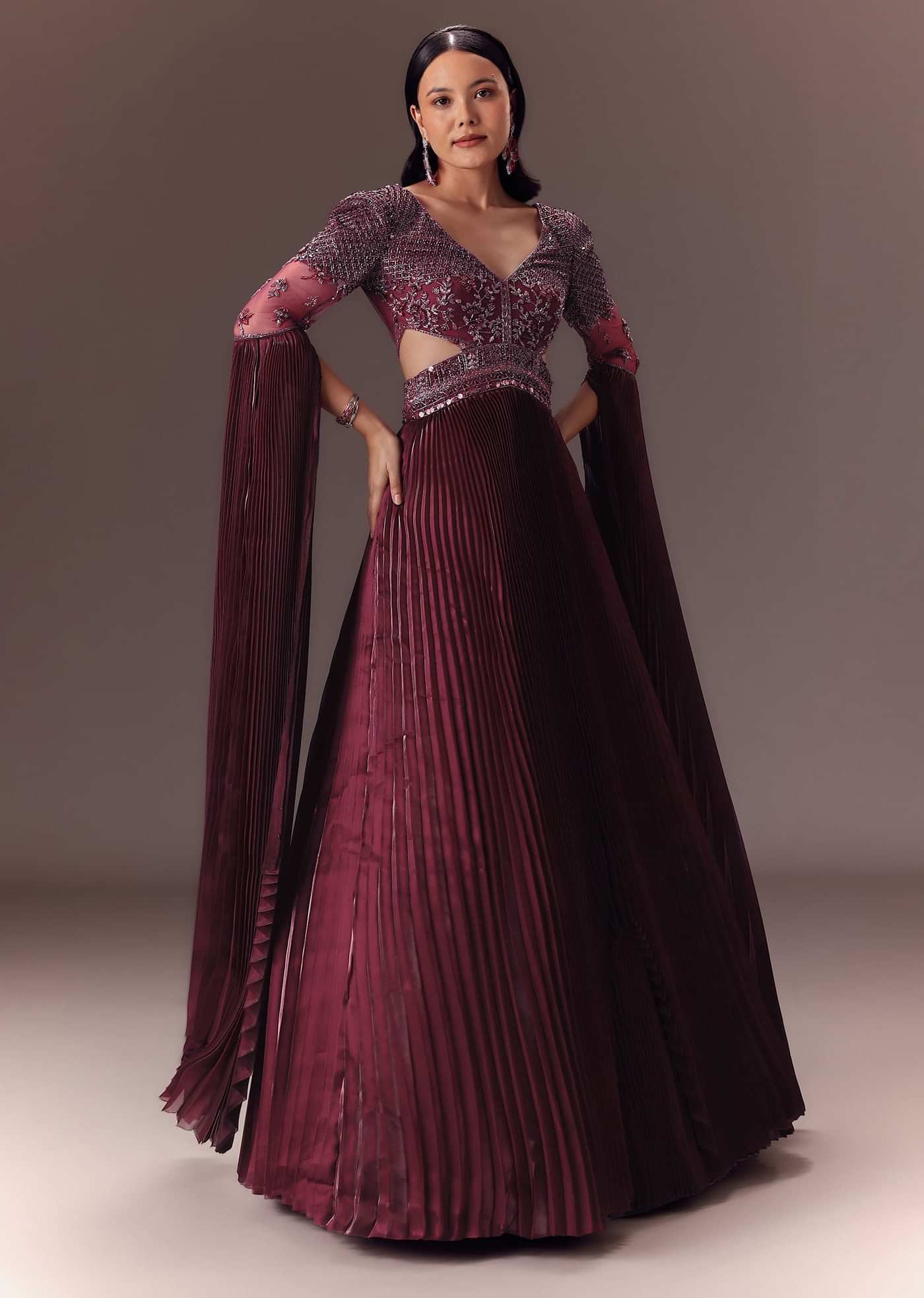 Wine Organze Flared Gown With 3D Draped Wings