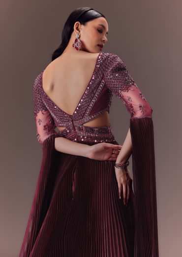 Wine Organze Flared Gown With 3D Draped Wings