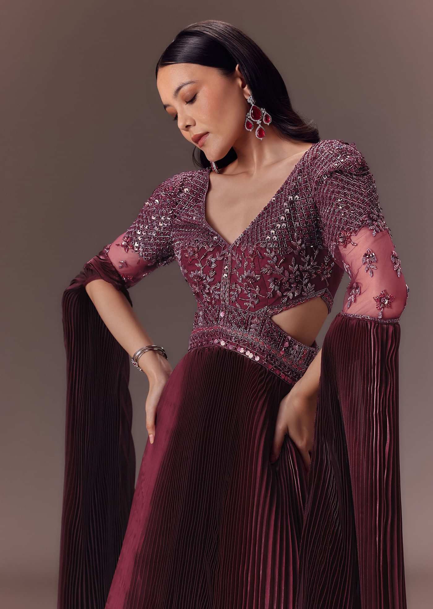 Wine Organze Flared Gown With 3D Draped Wings