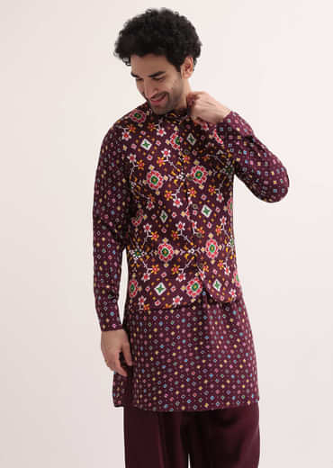 Wine Patola Printed Kurta Jacket Set For Men
