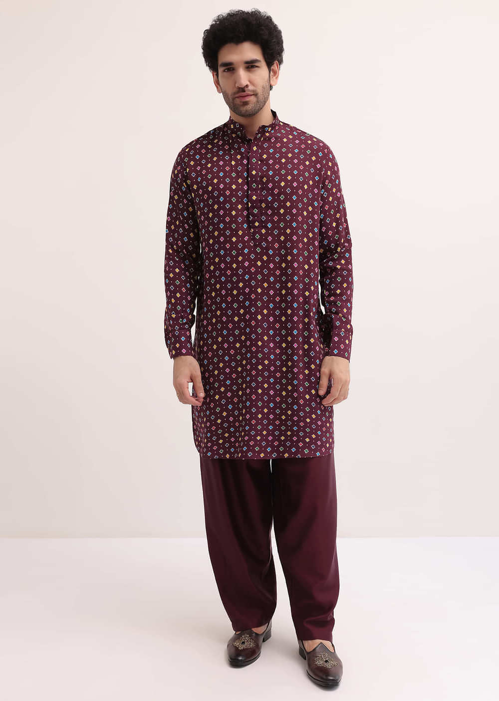 Wine Patola Printed Kurta Jacket Set For Men