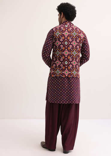 Wine Patola Printed Kurta Jacket Set For Men