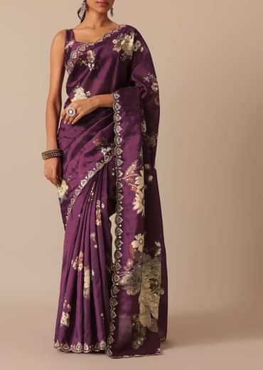 Wine Printed Tussar Silk Saree With Unstitched Blouse Piece