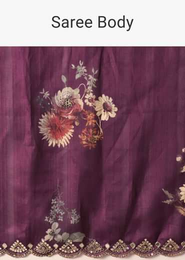 Wine Printed Tussar Silk Saree With Unstitched Blouse Piece