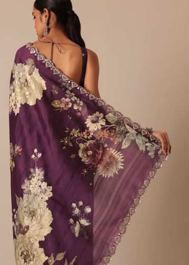 Wine Printed Tussar Silk Saree With Unstitched Blouse Piece