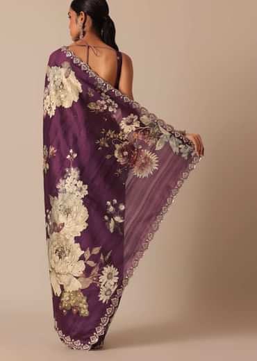 Wine Printed Tussar Silk Saree With Unstitched Blouse Piece