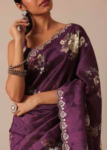 Wine Printed Tussar Silk Saree With Unstitched Blouse Piece