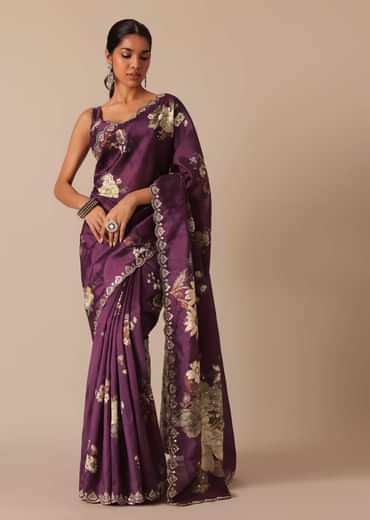 Wine Printed Tussar Silk Saree With Unstitched Blouse Piece