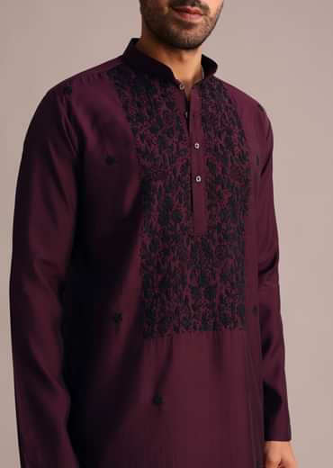 Wine Resham Work Kurta Set