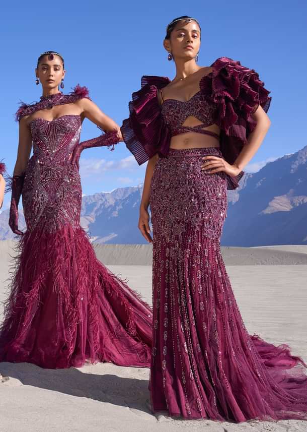 Wine Ruffle Embroidered Fish Cut Lehenga With Long Trail And Jacket