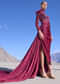Wine Satin Embroidered High Slit Draped Gown With Side Trail