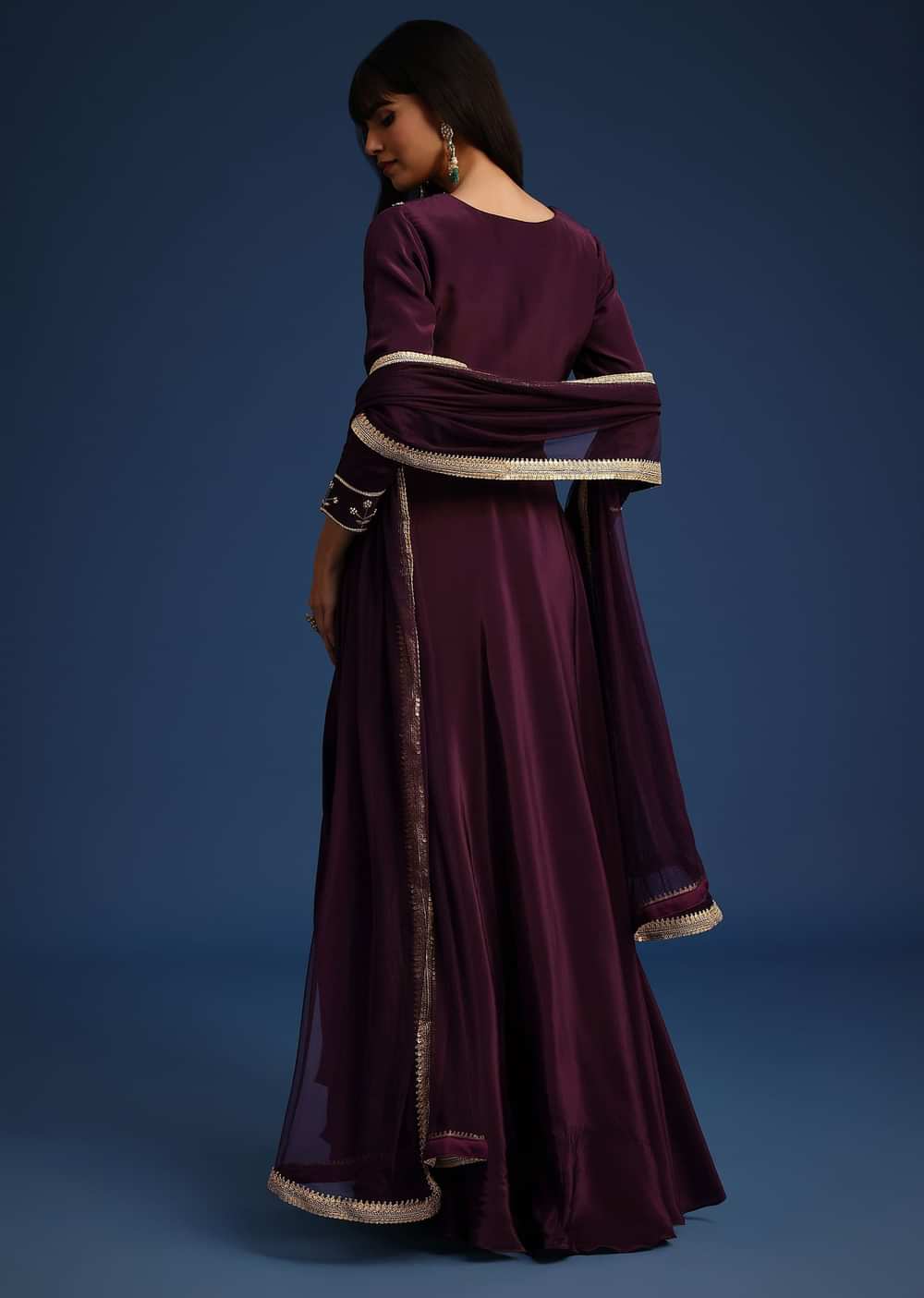 Wine Satin Zardozi Embroidered Anarkali And Palazzo Set