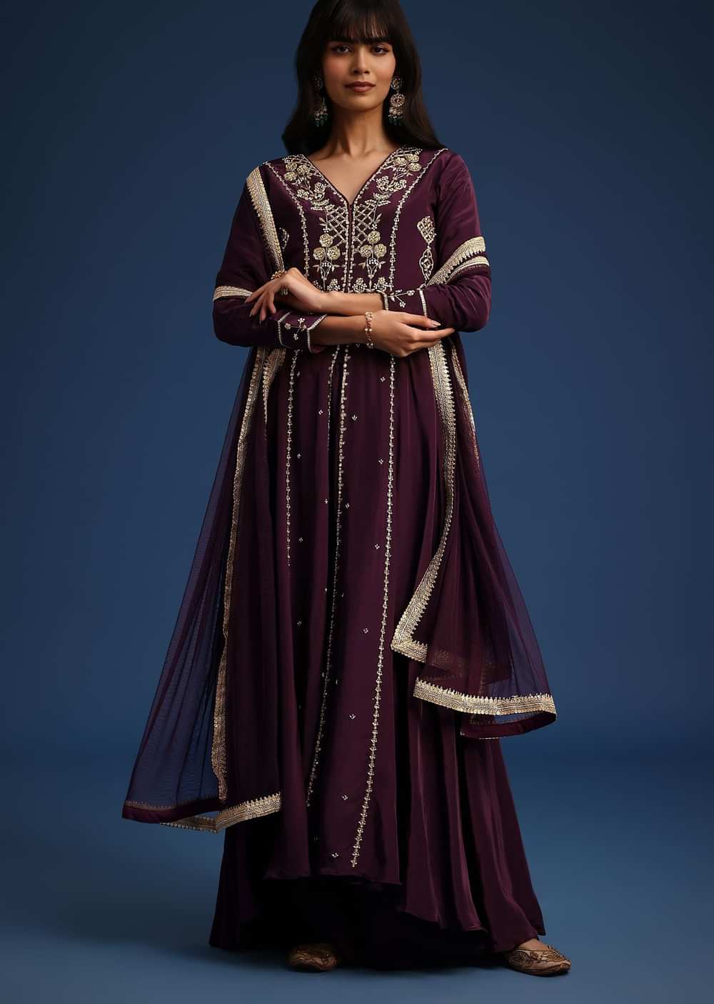 Wine Satin Zardozi Embroidered Anarkali And Palazzo Set