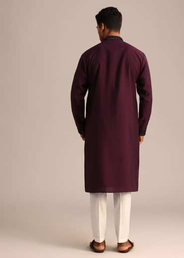 Wine Silk Hand Embroidered Kurta Set
