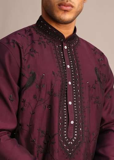 Wine Silk Hand Embroidered Kurta Set