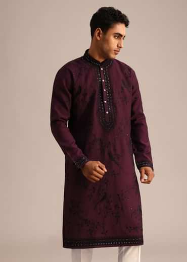 Wine Silk Hand Embroidered Kurta Set