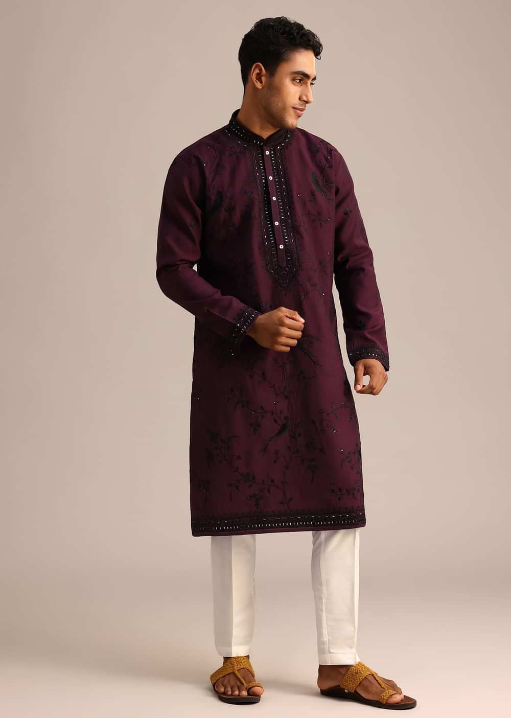 Wine Silk Hand Embroidered Kurta Set