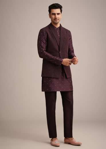 Wine Silk Indo Western And Kurta Set With Salli Work