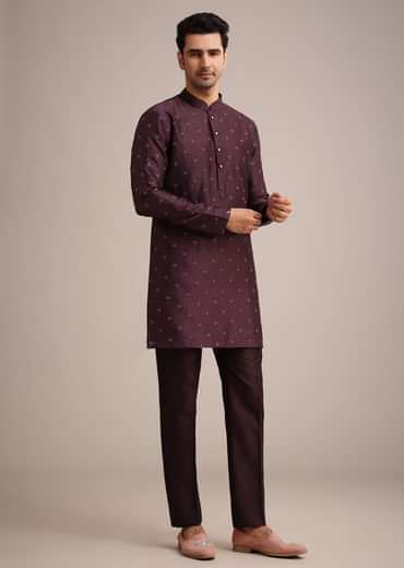 Wine Silk Indo Western And Kurta Set With Salli Work