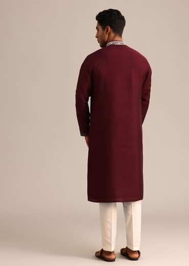 Wine Silk Kurta Set With Hand Embroidered Floral Motifs