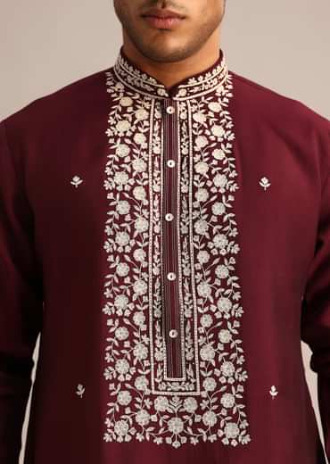 Wine Silk Kurta Set With Hand Embroidered Floral Motifs