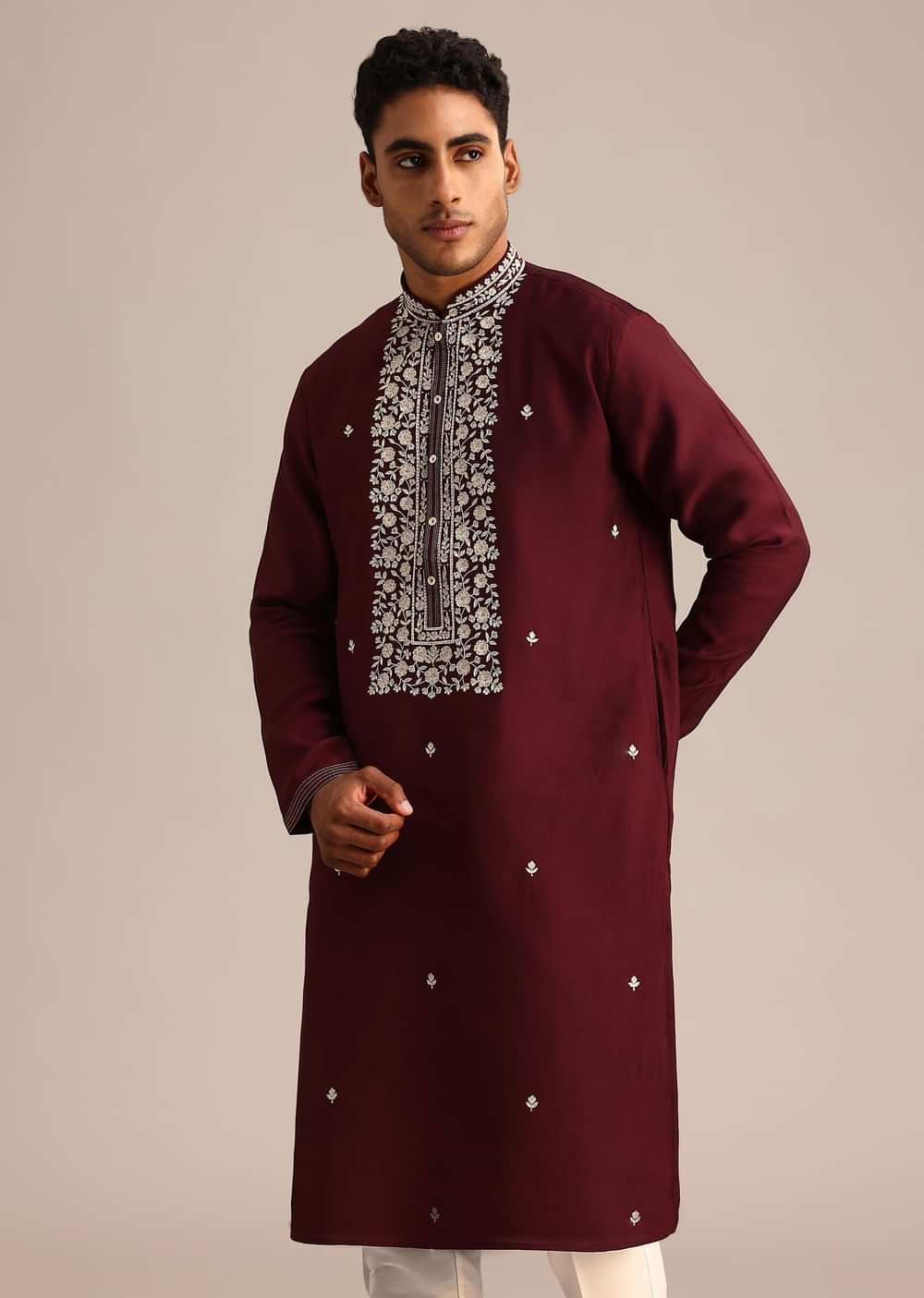 Wine Silk Kurta Set With Hand Embroidered Floral Motifs