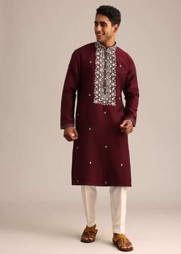 Wine Silk Kurta Set With Hand Embroidered Floral Motifs
