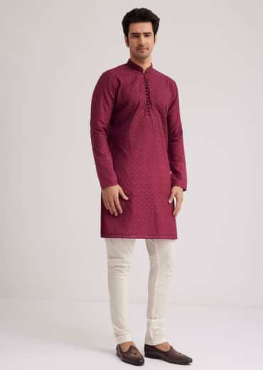 Wine Silk Open Sherwani Set With Zardosi Stone And Beads Work