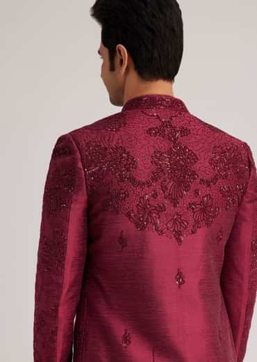Wine Silk Open Sherwani Set With Zardosi Stone And Beads Work