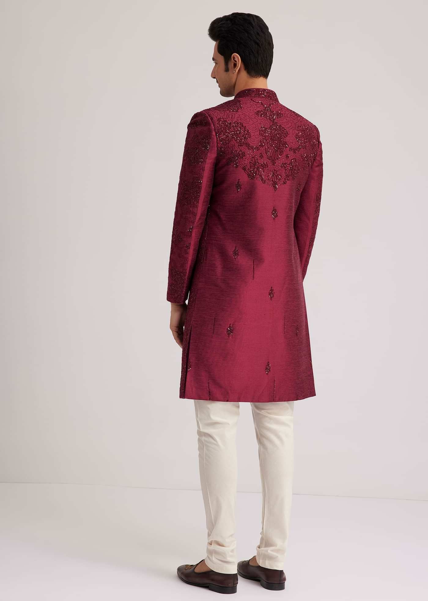 Wine Silk Open Sherwani Set With Zardosi Stone And Beads Work