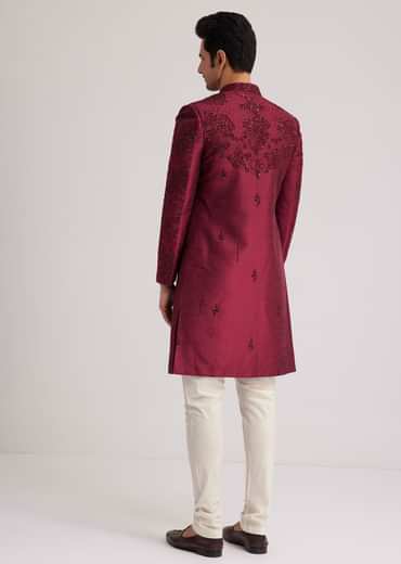 Wine Silk Open Sherwani Set With Zardosi Stone And Beads Work