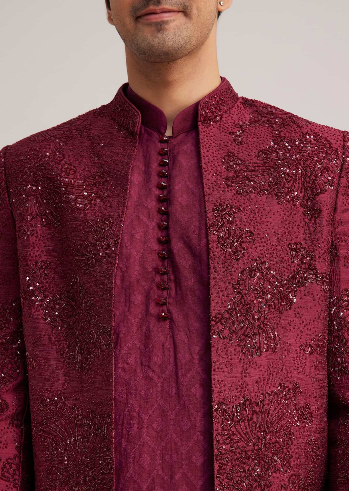 Wine Silk Open Sherwani Set With Zardosi Stone And Beads Work