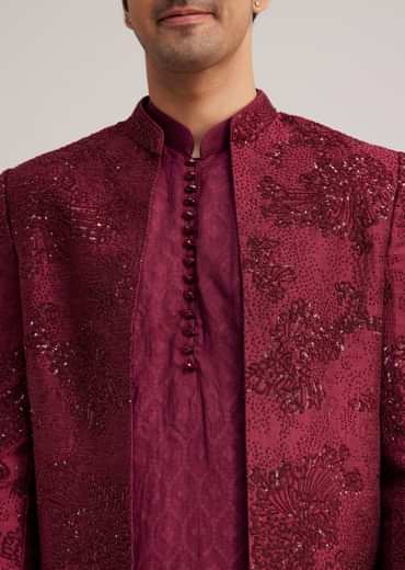 Wine Silk Open Sherwani Set With Zardosi Stone And Beads Work