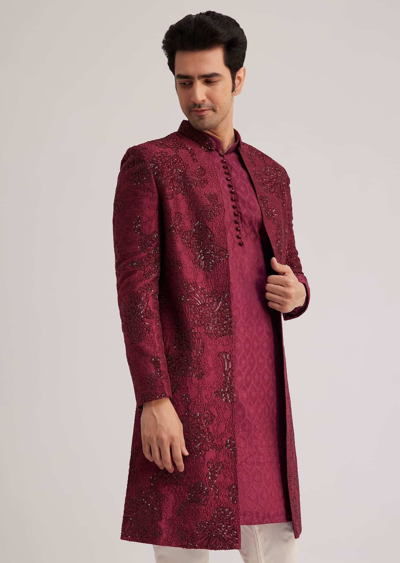Wine Silk Open Sherwani Set With Zardosi Stone And Beads Work