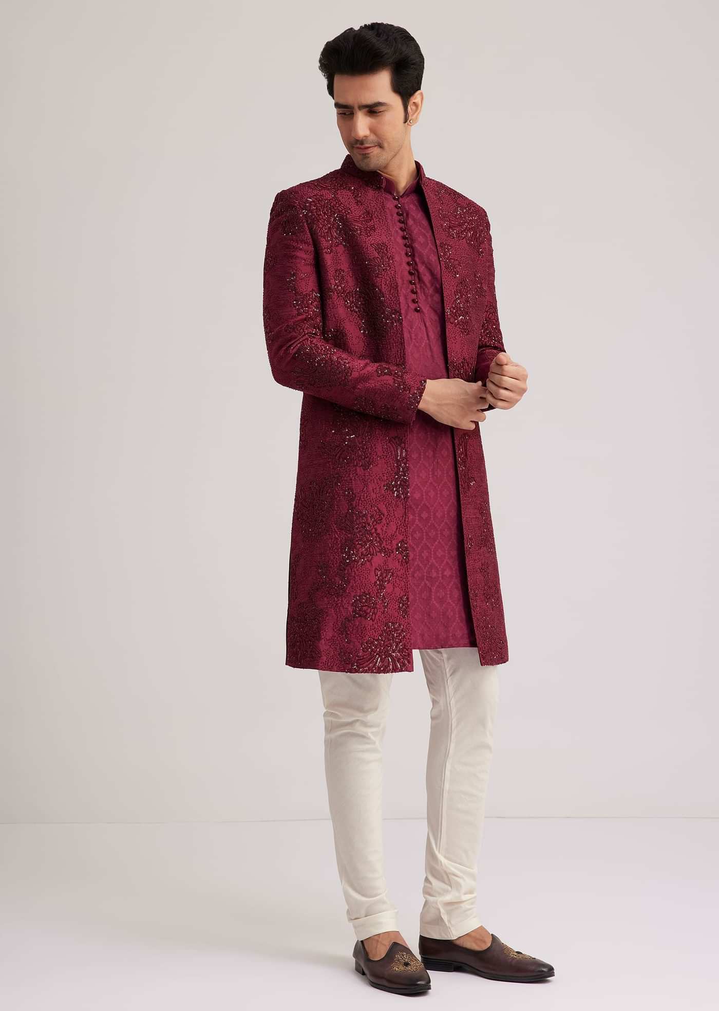Wine Silk Open Sherwani Set With Zardosi Stone And Beads Work