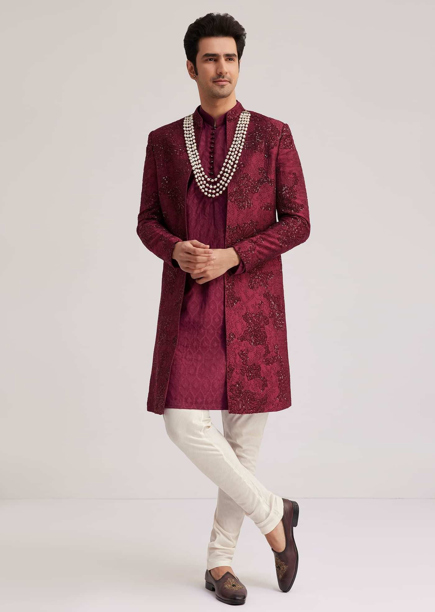 Wine Silk Open Sherwani Set With Zardosi Stone And Beads Work