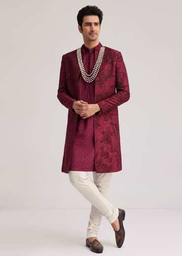 Wine Silk Open Sherwani Set With Zardosi Stone And Beads Work