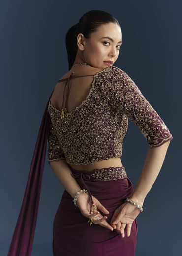 Wine Silk Ready Pleated Saree With Cutdana Work