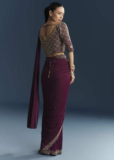 Wine Silk Ready Pleated Saree With Cutdana Work