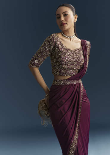 Wine Silk Ready Pleated Saree With Cutdana Work