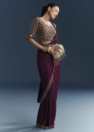 Wine Silk Ready Pleated Saree With Cutdana Work